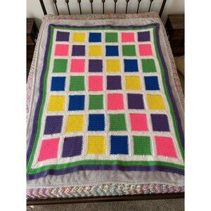 Handmade Vintage Bright Multicolor Crochet Squares Afghan Blanket  48" x 61"